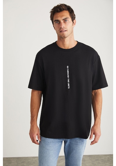 Grimelange Harald Erkek Bisiklet Yaka %100 Pamuk Baskı Detaylı Siyah T-shirt