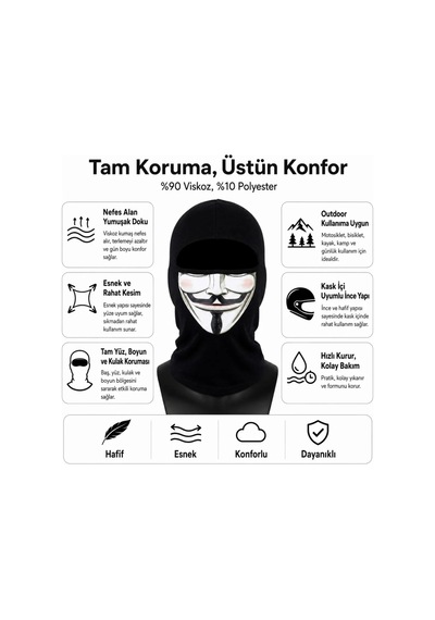 Unisex Anonymous Baskılı Balaklava 1 Adet Tek Beden Viskoz Kask İçi Motosiklet Maskesi 1 Siyah