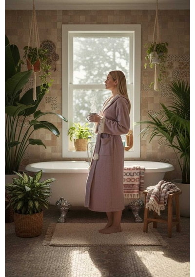 Kapüşonlu , Püsküllü , Yumuşak Dokulu , Unisex , Müslin Kumaş Banyo Ve Plaj Bornozu - Gül Kurusu - S / M Gül Kurusu