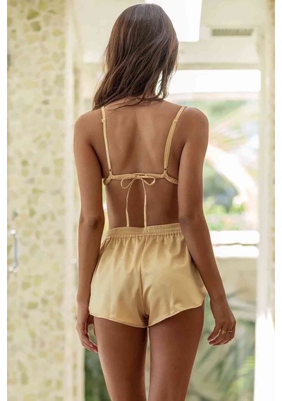 Merry See Saten Sütyen Şort Pijama Takım Sarı (417867704)