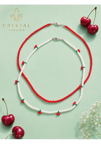 Crystal Atelier 2'li Kiraz Boncuk Kolye Seti El Yapımı Kum Boncuk Beyaz Kırmızı İkili Choker Kombini Meyve Temalı Kadın Hediyelik Kolye