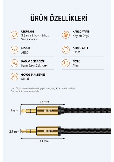 3.5mm - 3.5mm Aux Ses Kablosu 1.5 Metre, Erkek Erkek Stereo Audio Kablo, Kulaklık Hoparlör Bilgisayar Amfi Uyumlu, Metal Gövde, Naylon Örgü, Altın Kaplama Jak A580e