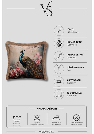 Tavus Kuşu Desenli Püsküllü Babyface Dokuma Kırlent Kılıfı Çok Renkli