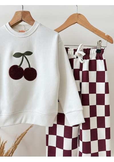 Mila Mood Kız Çocuk Kiraz Nakışlı Sweatshirt Bordo Ekose Bol Paça Pantolon 2'li Takım Krem