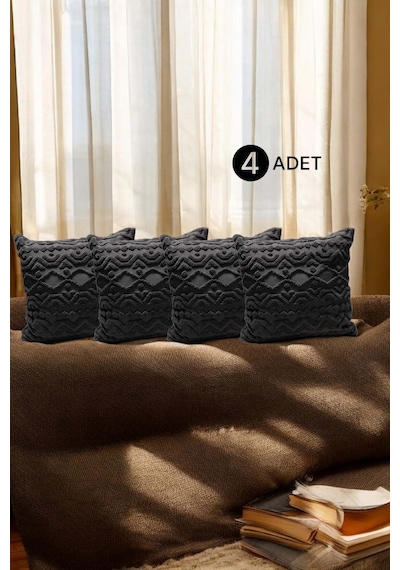 Bohem 4'lü Dekoratif Yastık Kılıfı Kırlent Kılıfı 43x43 Cm Antrasit Geometrik Gri