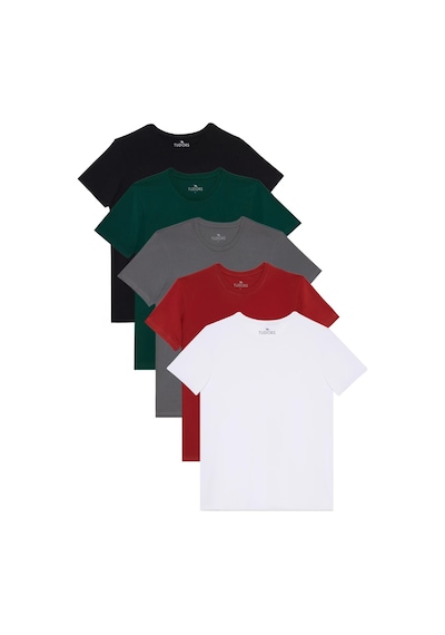 Tudors Unisex 5'li Paket Beyaz-kırmızı-gri-yeşil-siyah Slim Fit Dar Kesim %100 Pamuk Bisiklet Yaka Tişört-35359 Multi