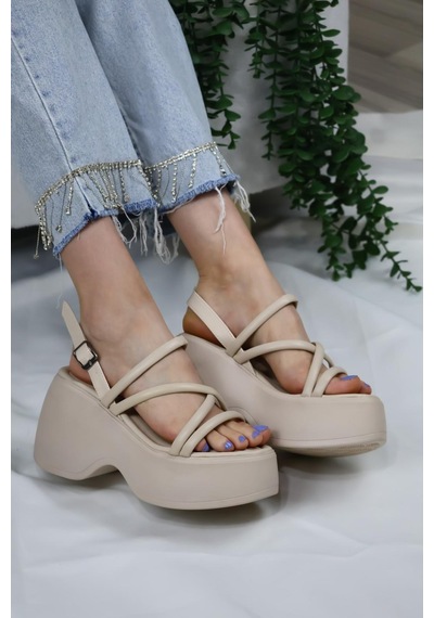 Asmi Shoes Kadın Paris Kalın Taban 9 Cm Ortopedik Sandalet Bej Bej