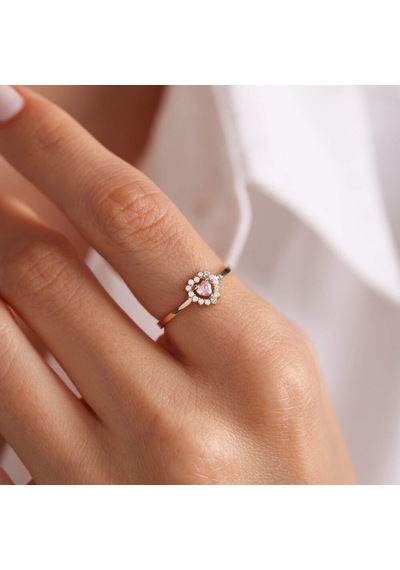 Altın Kalpli Yüzük Pink Topaz T12638 Renkli