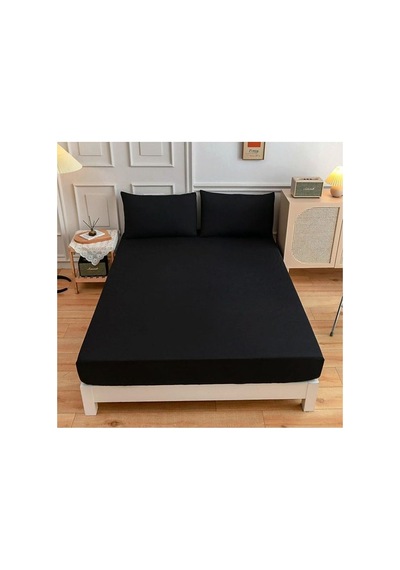 Çift Kişilik Lastikli Kumaş Çarşaf + 2 Yastık Kılıfı Siyah 160x200, Ciftcarsafseti Bej - Beyaz