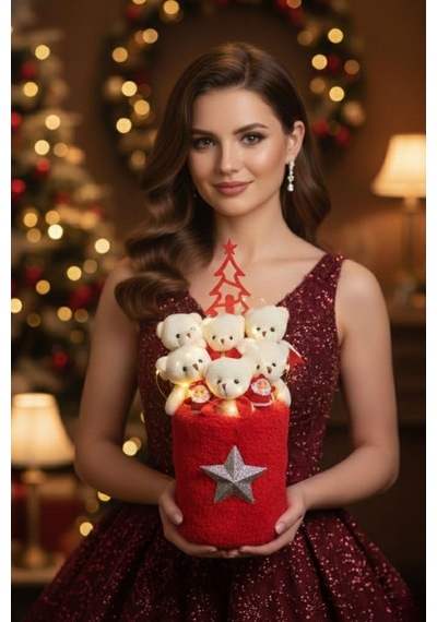 Yeniyıl Özel Seri: Premium Silindir Gümüş Yıldız Detaylı Peluş Kutuda Yılbaşı Temalı Led Işıklı Noel Ağaçlı Ve Noel Babalı, Özel Konsept Yeniyıl Ayıcık Buketi