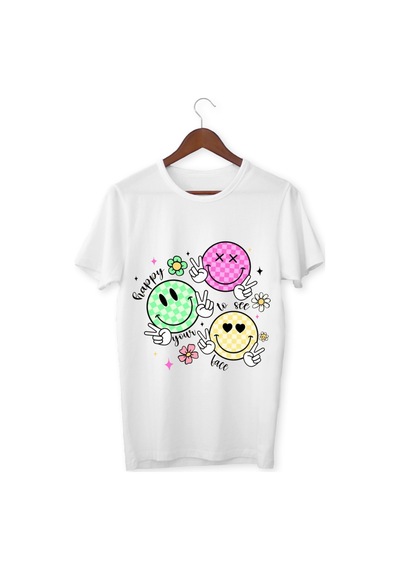 Alpşan Ticaret Gülücüklü Tişört Happy Face T-shirt Smile Tişört Beyaz Çocuk Ve Yetişkin T-shirt Beyaz