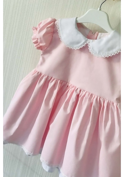 Dantel Detaylı Bebe Yaka Açık Pembe Kız Çocuk Bebek Tasarım Elbise 001