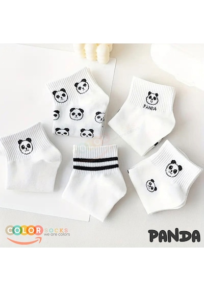 5 Çift Beyaz Panda Desenli Yarım Kolej Kadın Çorap Seti Beyaz