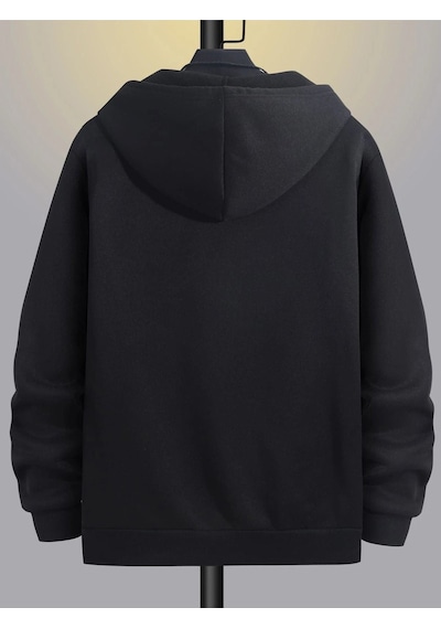 Boynuz Fermuarlı Hırka Sweatshirt - Siyah Baskılı Oversize Kışlık Kalın Kapüşonlu Siyah-80854