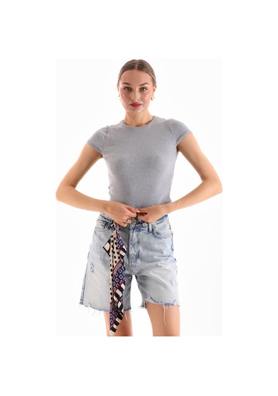 Loısy Kadın Likralı Kısa Kol Crop Bluz Gri