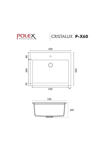 Polex Cristalüx Granit Evye P-X60 Toprak Tezgah Altı Ve Tezgah Üstü Kare Mutfak Evyesi 60x50 CM