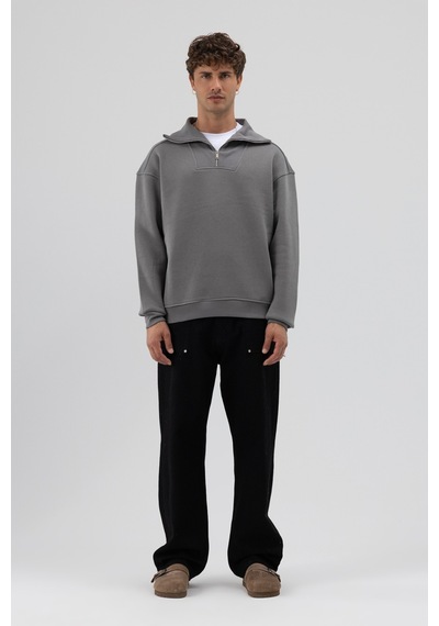 Vamos Basic Fermuarlı Dik Yaka Sweatshirt Füme