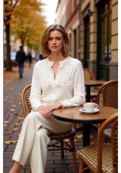 Benerly Kadın Şık Ve Rahat Kısa Kesim Düğmeli Yumuşak Dokulu Ajurlu Delik ekru