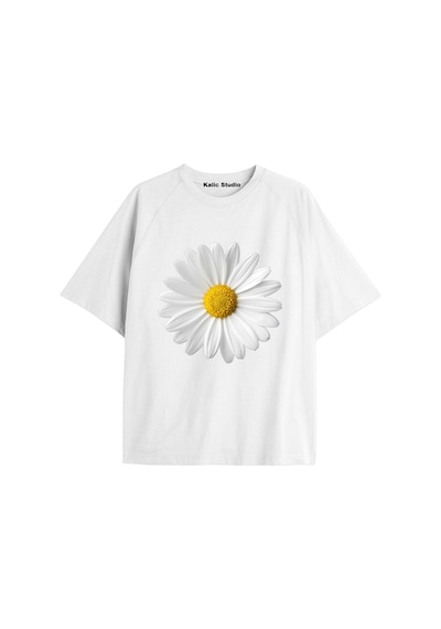 Kalic Studio Kadın Çiçek Özel Baskılı Renkli Oversize Penye Pamuklu Bisiklet Yaka T-shirt Beyaz-27
