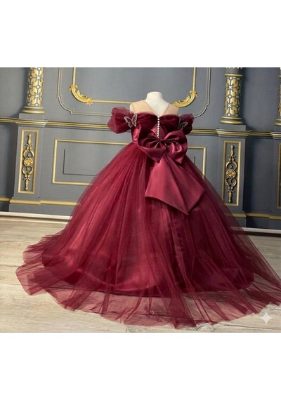 Star Kids Fashion Kız Çocuk Bordo Kelebek Detaylı Prenses Elbise ,kız Çocuk Abiye Elbise