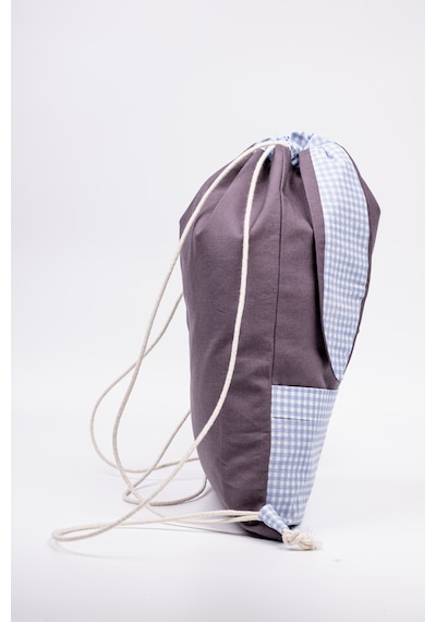Fabric Craft Bag Tavşan Figürlü Çocuk Bez Çanta Mavi Kareli 33x45 Cm Büzgülü Koyu Gri