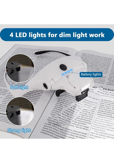 4 Led Işıklı Büyüteç, Kafa Bandı Büyüteci 5 Çıkarılabilir Lensli, 1 X, 1,5 X, 2 X, 2,5 X, 3,5 X Şarj E