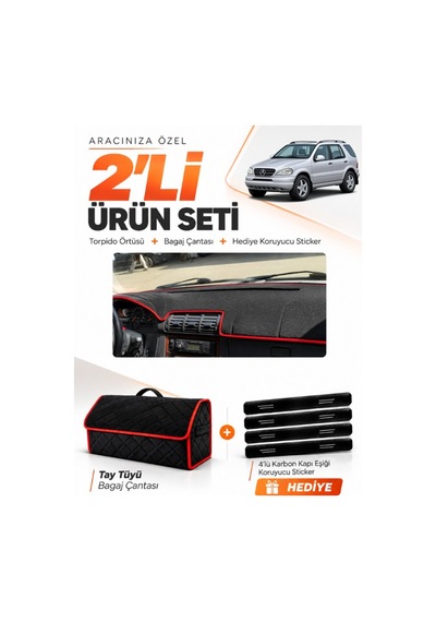 E-biz Mercedes W163 M-class 1997-2005 Uyumlu Torpido + Tay Tüyü Çanta - Siyah-kırmızı - Mb016