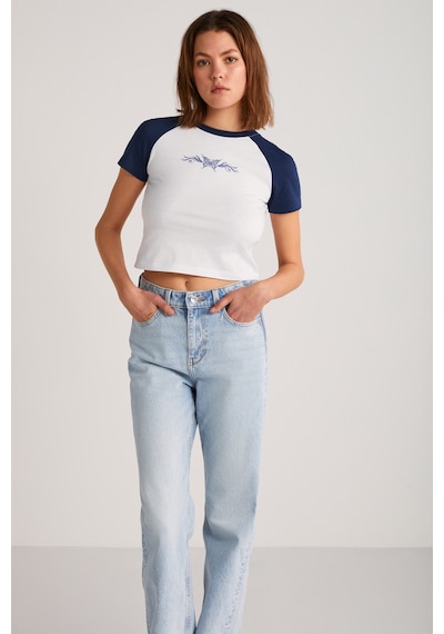 Ethıquet VANE Kadın %100 Pamuk Crop Beyaz/Navy T-Shirt