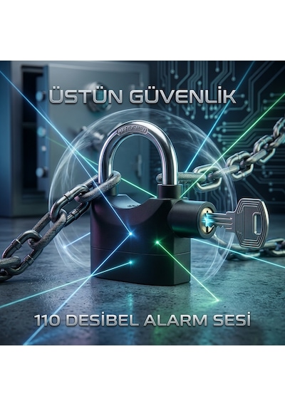 Siyah Alarmlı Asma Kilit - 110 Db Yüksek Sesli Çok Amaçlı Güvenlik Kilidi, 3 Anahtarlı