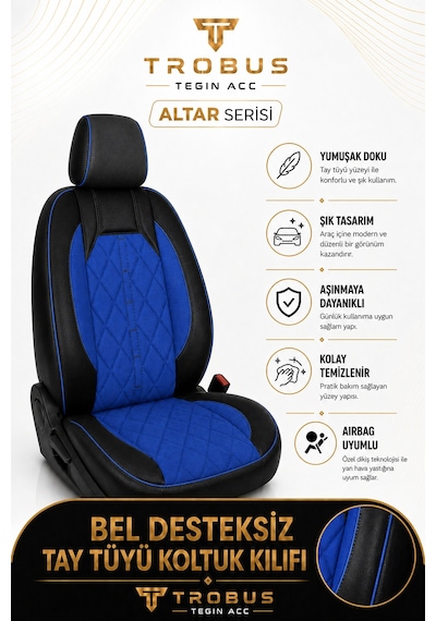 Fiat Egea Cross 2020 Sonrası Uyumlu Altar Serisi Tay Tüyü Mavi Siyah Premium Koltuk Kılıfı