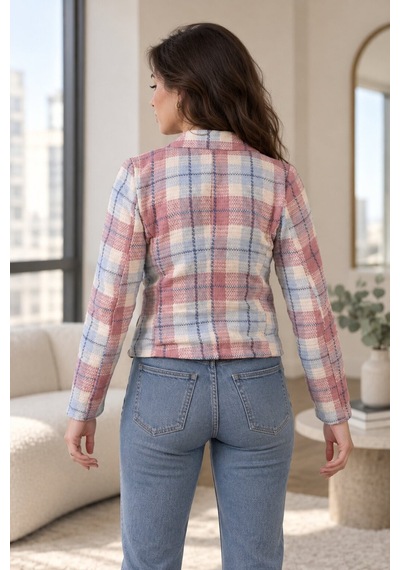 Armonika Kadın Bebemavi-pembe Kruvaze Yaka Tüvit Crop Ceket Arm-24k001014