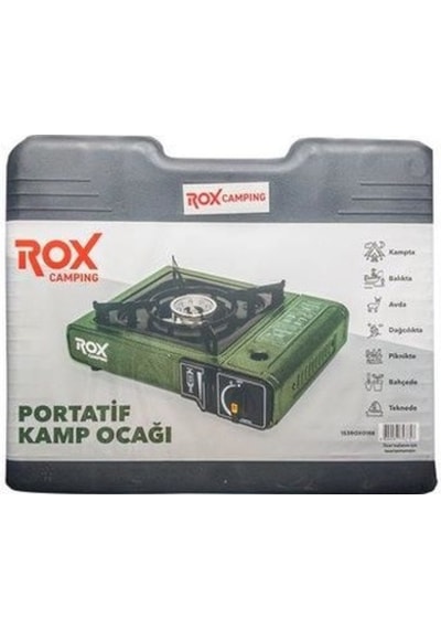 Rox Camping 0188 Tekli Portatif Kamp Ocak - Haki Yeşil, Rüzgarlıklı, Ekstra Gaz Girişli