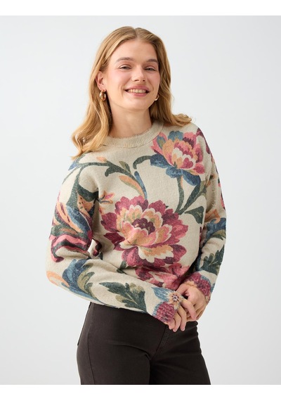 Jimmy Key Ekru Floral Desenli Bisiklet Yaka Triko Kazak 6ww137866114