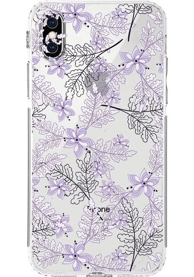 Apple Uyumlu iPhone Xs Maxkamera Korumalı Kapak Floral Lila Tasarımlı Şeffaf Kılıf