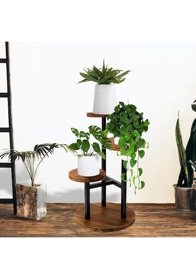 Çiçeklik 3 Raflı Saksılık Dekoratif 3 Raflı Çiçeklik Metal Doğal Ahşap Saksılık Çiçek Rafı Daire Model 70 Cm