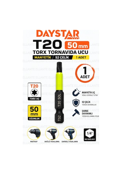 T20 Torx Tornavida Ucu 50 Mm Manyetik S2 Çelik 1/4" Hex Vidalama Ucu 1 Adet Yüksek Kalite