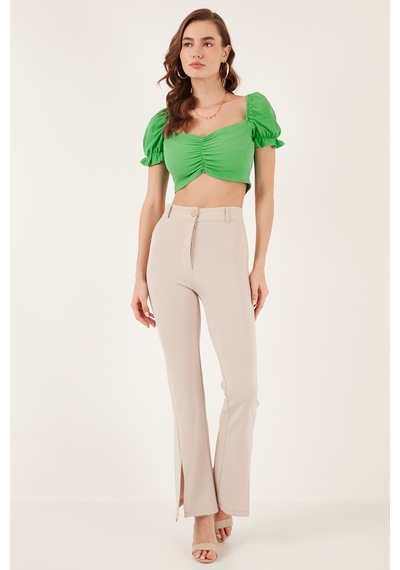 Lela Slim Fit Büzgü Detaylı Kalp Yaka Crop Bayan Bluz 5865601 Benetton