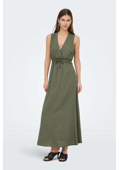 Only Kadın Onlgoa Kruvaze Yaka Beli Lastikli Keten Maxi Elbise 15363694 Haki