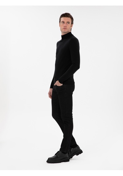 Cacharel Siyah Slim Fit Yün Karışımlı Yarım Balıkçı Yaka Basic Triko Kazak
