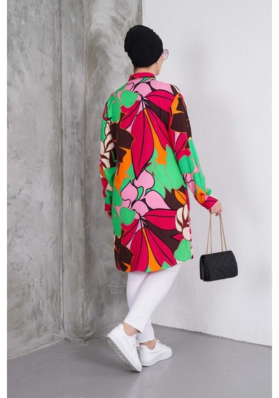 Polologin Butik Renkli Yaprak Desenli Gömlek Tunik Fuşya & Yeşil & Turuncu & Kahverengi