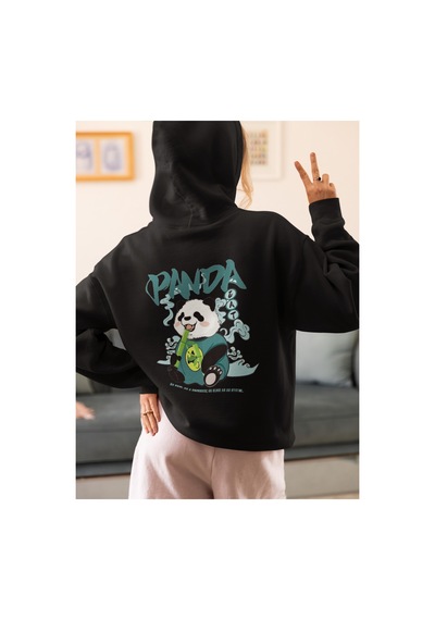 Stil X Sevimli Pandalar Baskılı Kadın Sweatshirt Siyah-9