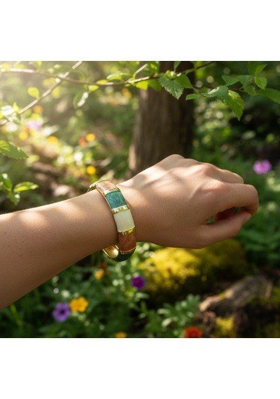 Renkli Mine Görünümlü Gold Kelepçe Bileklik - Trend Model Çok Renkli