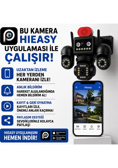 Uninet Aov Teknolojili 4g Solar Güvenlik Kamerası Düşük Güç Tüketimi, Kesintisiz Izleme Ve Anlık Kayıt 4 Kameralı 3 Kamerası Dönebilen Ptz + 1 Sabit Lens, Gece Görüşü Ve Siren
