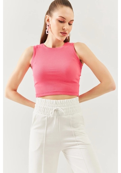 Butikgiz Kadın Sıfır Kol Bisiklet Yaka Vücuda Oturan %100 Pamuklu Kaşkorse Esnek Crop Bluz Pembe