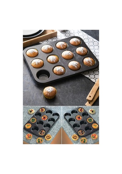 12 Bölmeli Muffin Kek Bakeware Metal Fırın Kek Kalıbı Profesyonel Güzel Tatlı Kalıbı Cupcake Tart Siyah