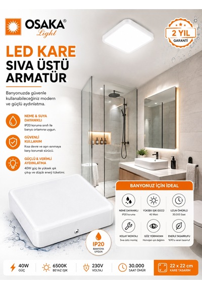 2 Adet Osaka 40w Kare Sıva Üstü Armatür Beyaz Işık 6500k