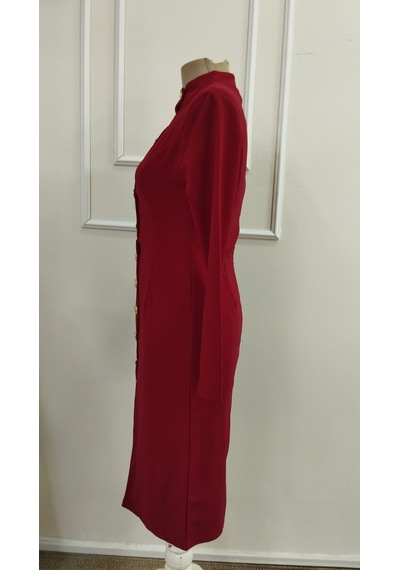 Bhrwear Kadın Uzun Kollu Balıkçı Yaka Düğmeli Midi Ithal Krep Elbise Renkli