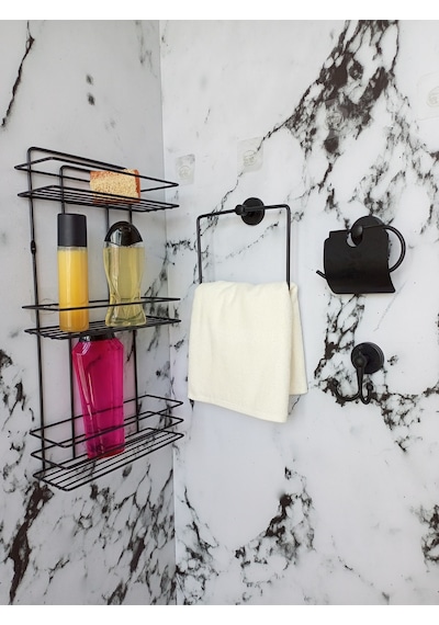Yapışkanlı Banyo Aksesuar Seti 3 Katlı Banyo Rafı,kare Havluluk,tuvalet Kağıtlığı, Bornozluk Siyah