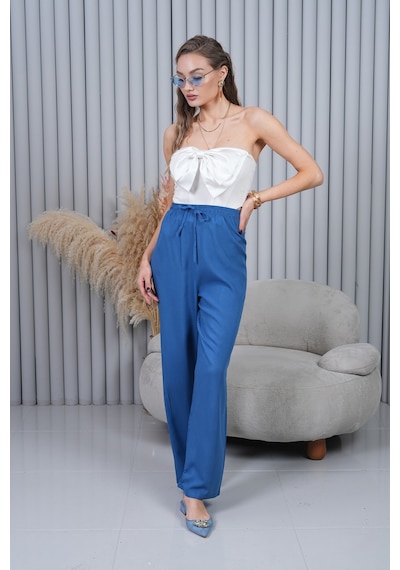Polologin Butik Beli Bağcıklı Yüksek Bel Bol Paça Mavi Pantolon Kapalı Mavi