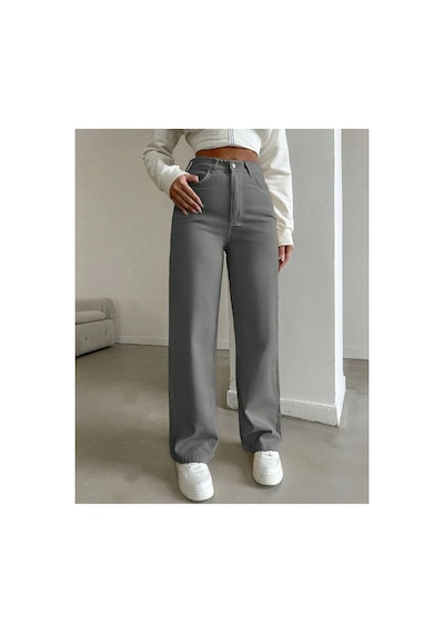 Kene Jeans Yüksek Bel Gri Keten Bol Paça Tam Kalıp Pantolon Gri